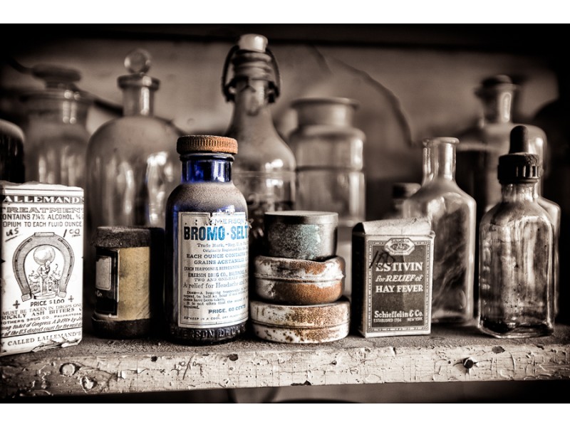 Pain relievers on the shelves in the general store in bodie california