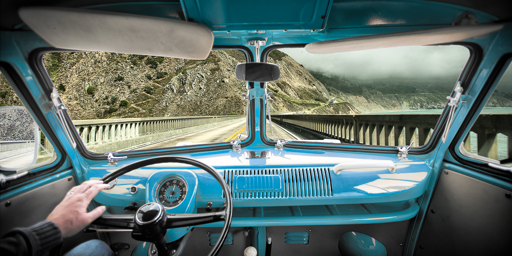 on big creek bridge in big sur with volkswagen bus