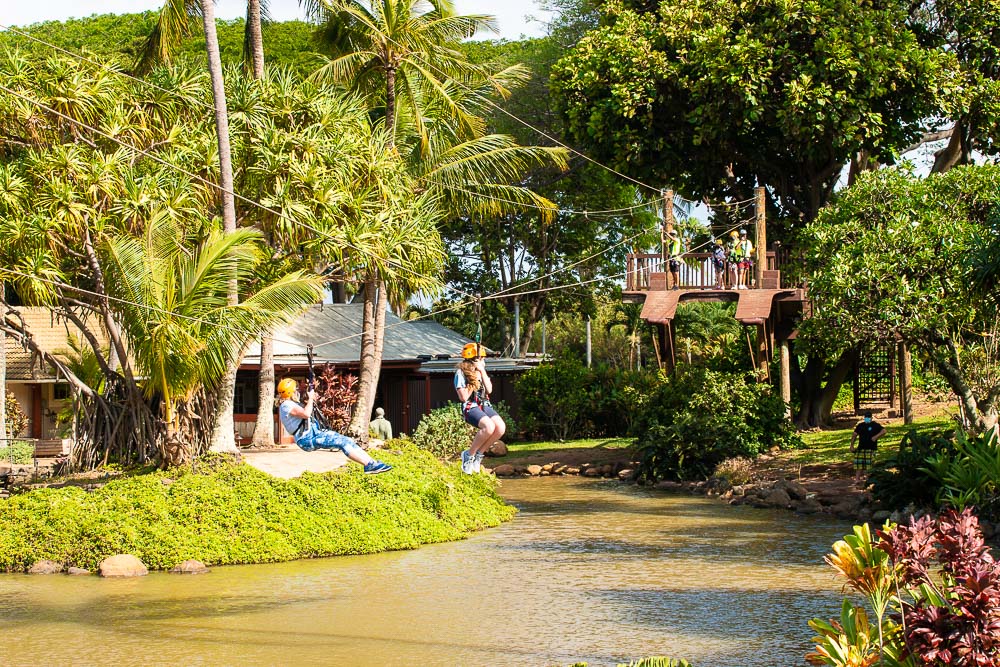 people zip lining over water