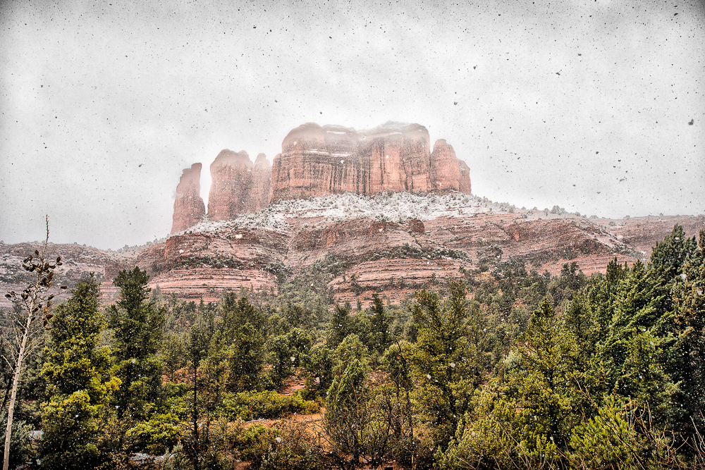 sedona arizona cathedral rock with snow flakes