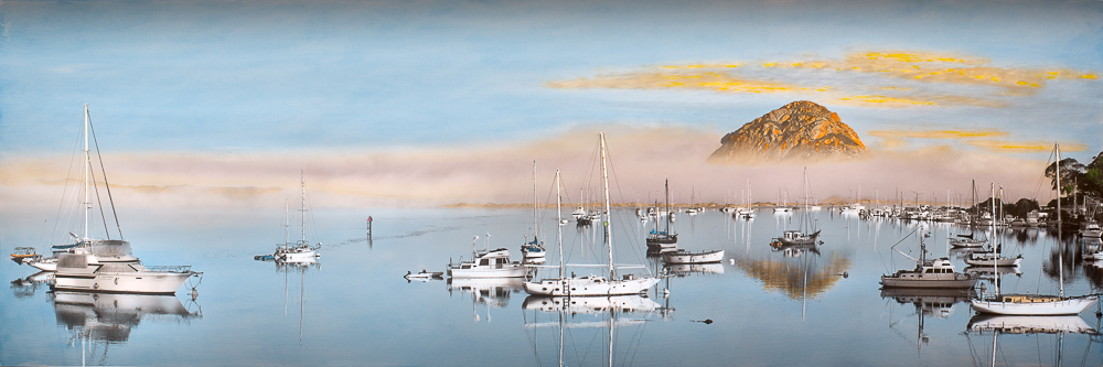 serene morro bay morro rock boats with partial fog hand colored